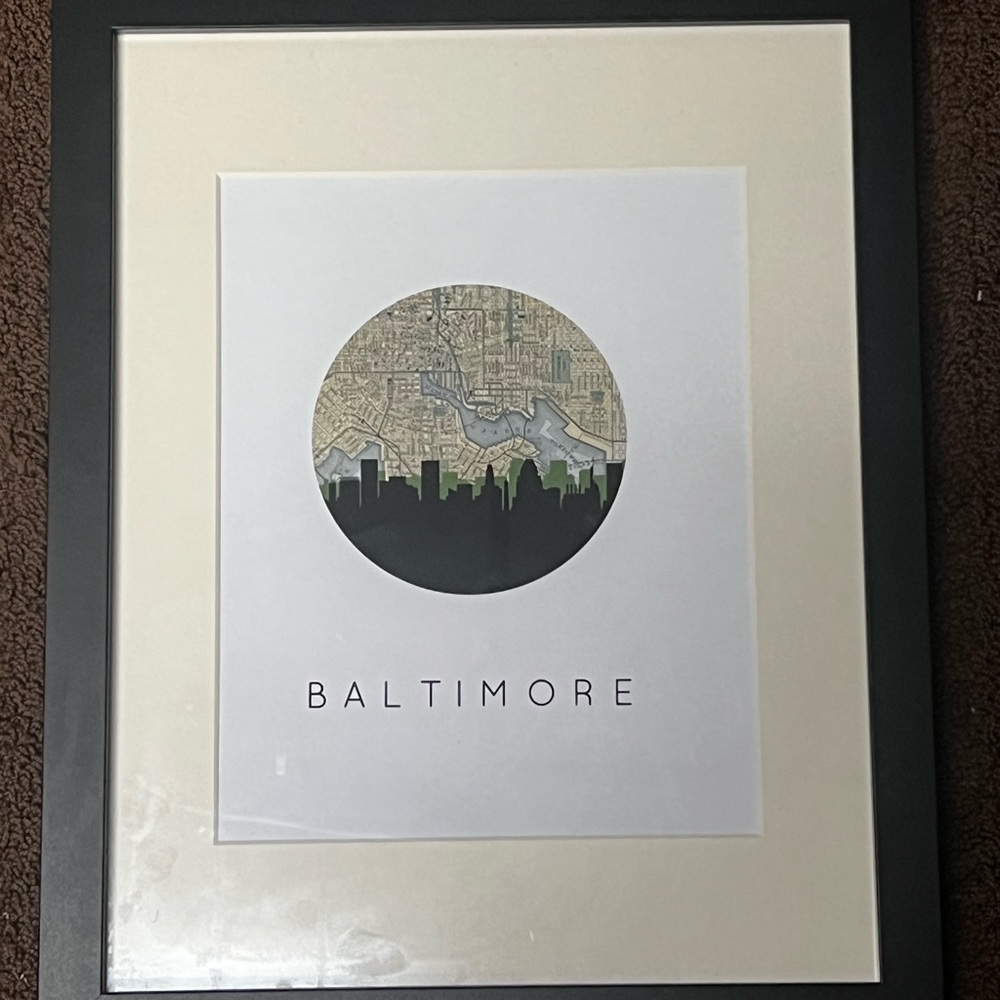 Baltimore city skyline silhouette with map